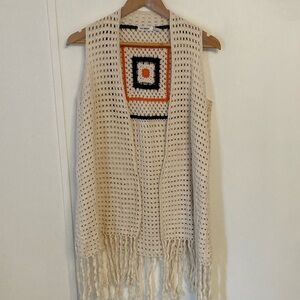 Long Cream Crochet Fringe Vest Size L Boho, festival Indie,  size L